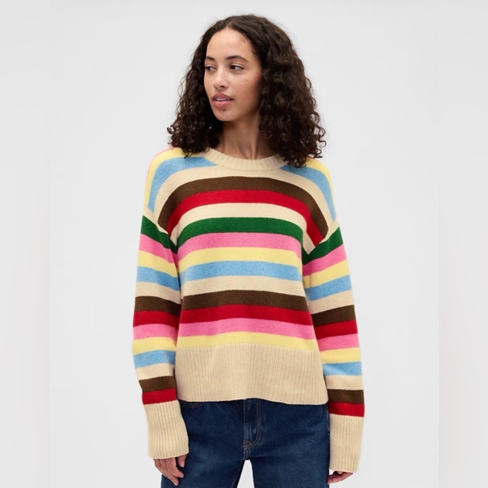 Gap Cozy Soft Cabincore Cashsoft Happy Stripe Relaxed Crewneck Tunic Sweater NWT